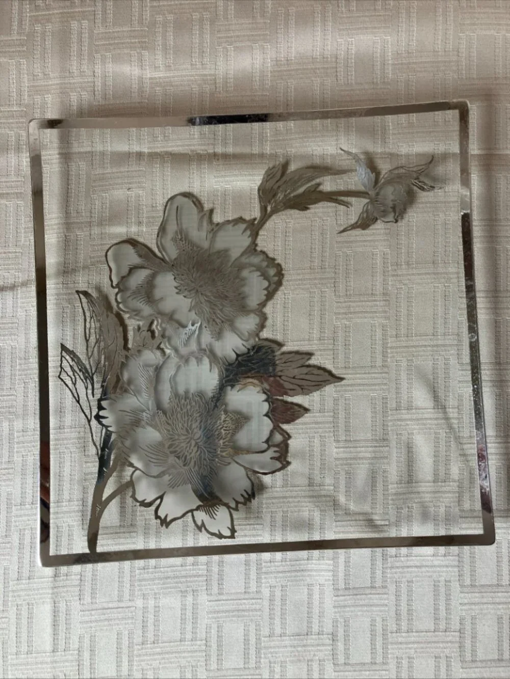 Rockwell Sterling Silver Overlay Peony Floral Square Plate Tray Platter Curved